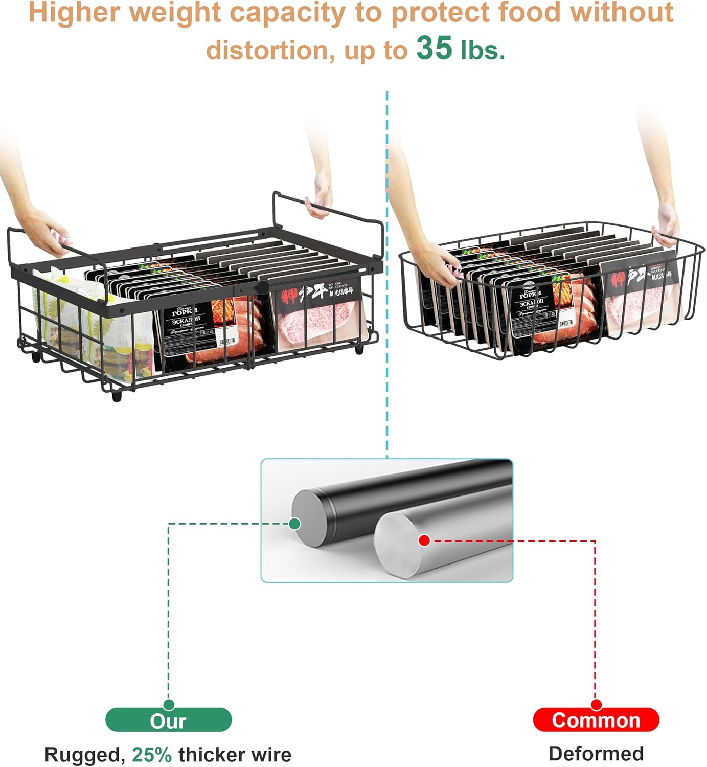 UMDONX 4 Pack Expandable Freezer Organizer Bins Large Freezer organizer Bins Stackable 11.4" Expand to 17.9", Fit 10 to 20 Cu.FT Black