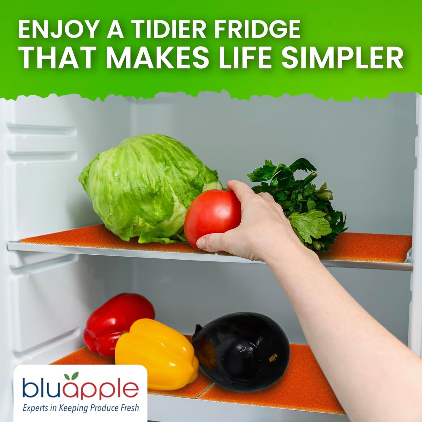 Bluapple FreshMats, Refrigerator Bin Liner, Fridge Drawer Mats, Crisper Life Extender Liner Keeps Produce Fresh Longer, Anti-Bruising, for Air Circulation, Washable & Reusable (4-Mats, 12x15, Orange)