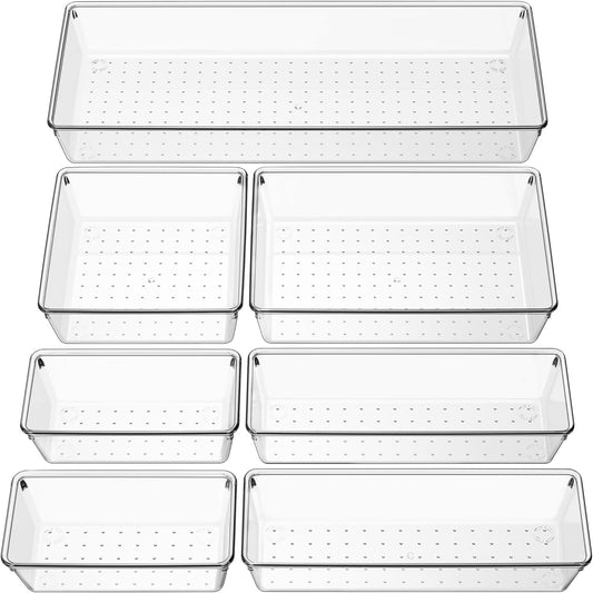 Criusia Clear Drawer Organizer 7 PCS - 5 Size Plastic Versatile Kitchen and Bathroom Organizer Trays, Non-Slip Storage Bins for Makeup, Utensils, Tool and Office Desk
