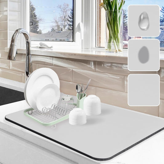 Dish Drying Mat for Kitchen Counter, 16"x24" Dish Drying Pad with Non-slip Rubber Backed, Hide Stain Anti Absorbent for Kitchen Counter, Drying Mat for Coffee Machine Dish Rack (Light Grey)