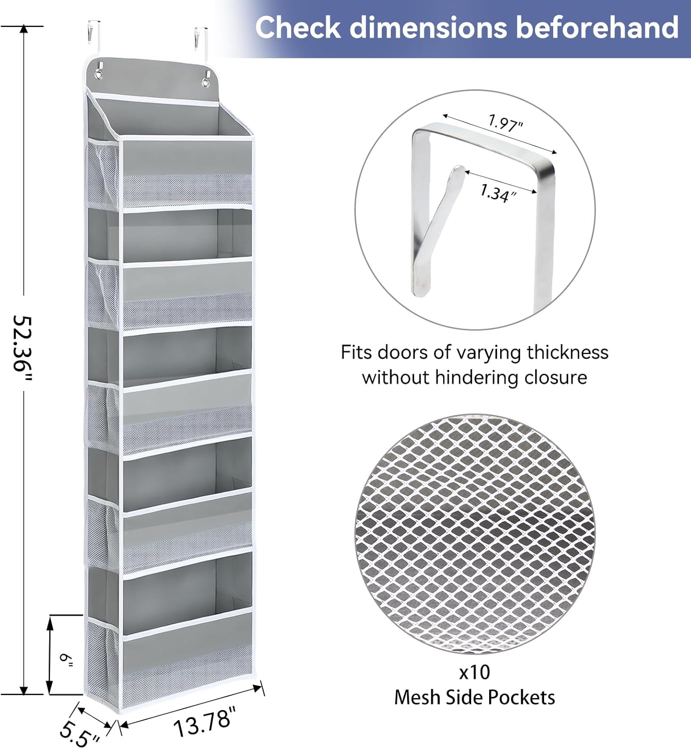 QINGUANG Over The Door Organizer,Hanging Organization And Storage, Behind Door Organizer with Side Pockets, 44 lbs Capacity,Anti Tilt, for Nursery, Bathroom, Bedroom,Dorm (5-Shelf)