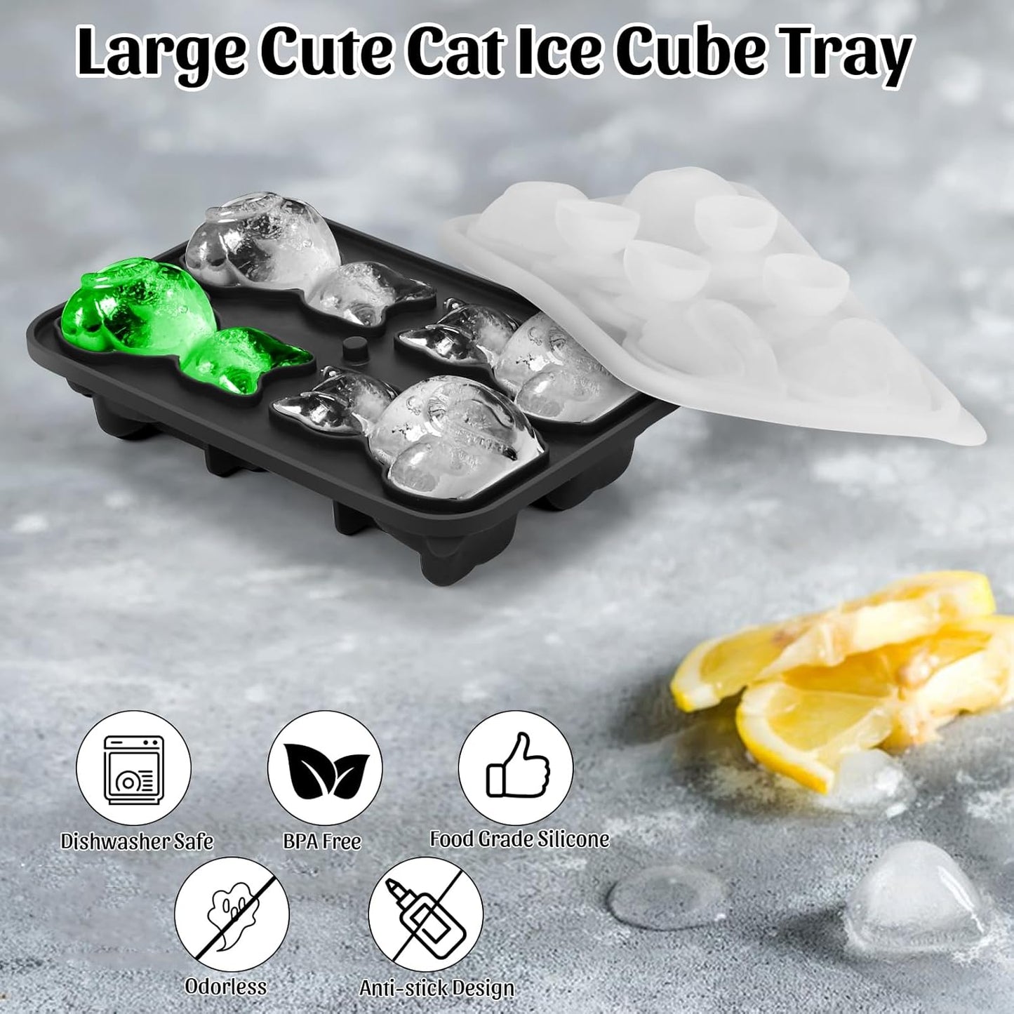 Silicone Ice Cube Tray,Cat 3D Large Ice Cube Molds for Whiskey,Cocktails,Wine,Juice and Bourbon,4 Big Cute Animal Ice Trays for Freezer with Lid Easy-Release BPA Free(Cat)