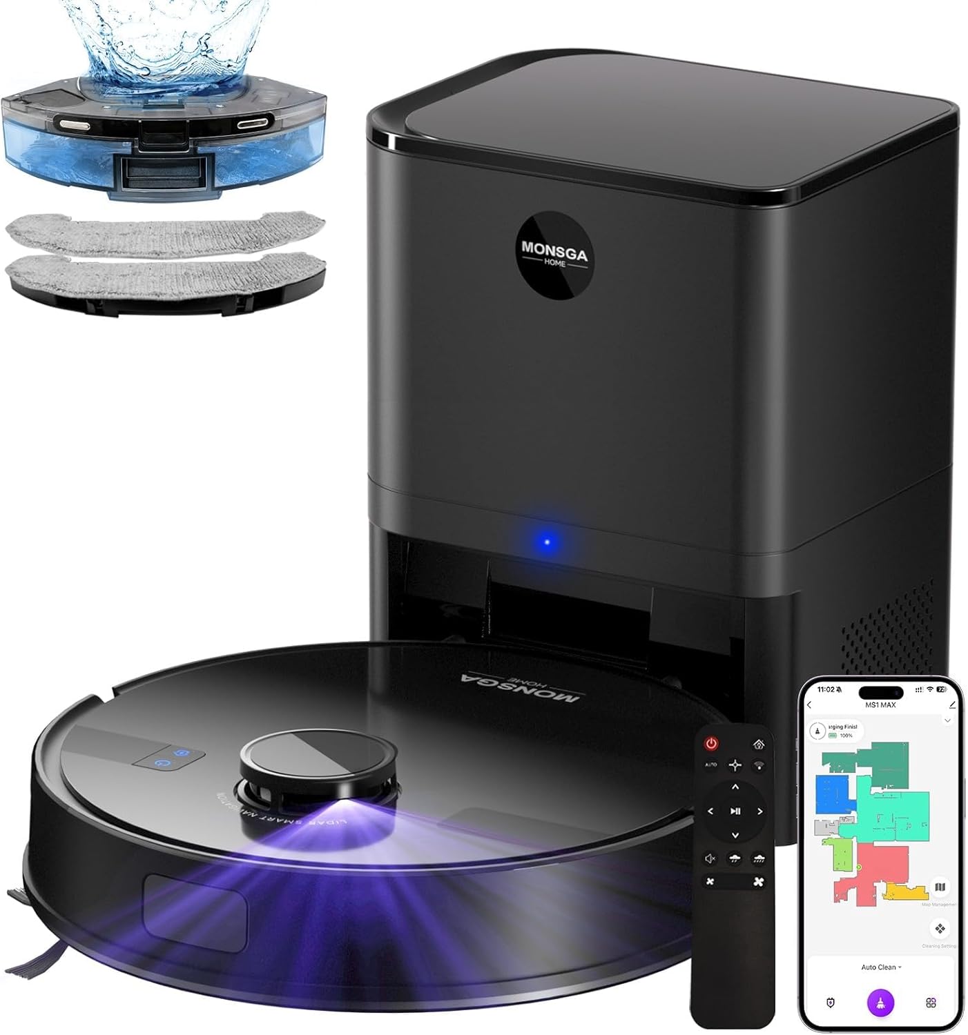 MONSGA Robot Vacuum and Mop Combo, 5000Pa Robotic Vacuum with 3.5L Self Emptying Station, Lidar Navigation Robot Vacuum Cleaner, 180mins Runtime, APP/Remote/Voice Control, for Hard Floors and Carpets