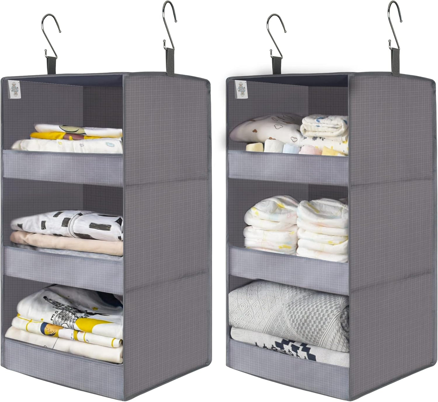 GRANNY SAYS 3-Shelf Closet Organizers and Storage, Foldable Hanging Closet Organizer, Hanging Closet Shelves with 2 Metal Hooks, Leak-Proof Closet Hanging Organizer for Locker & Camper, Gray, 2-Pack