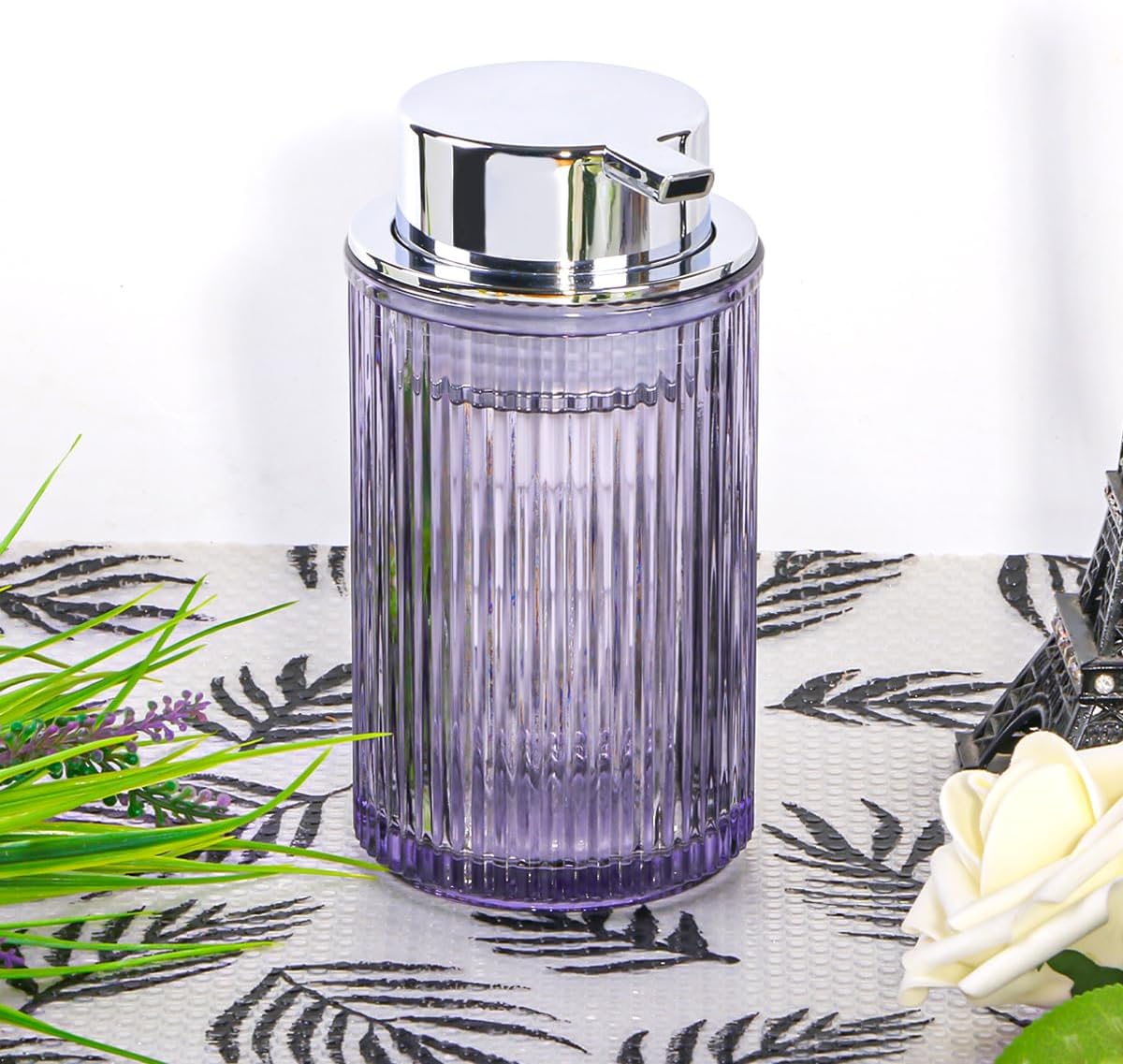 Foaming Soap Dispenser, 11 Oz Thick Glass Foam Hand Soap Dispenser, Refillable Glass Foam Pump Bottle Container Decorative Slim Ribbed Bottle for Bathroom and Kitchen (1, Purple Silver)