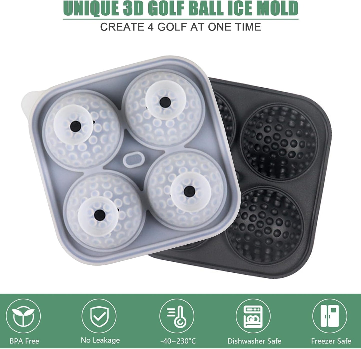 Golf Ice Cube Tray 3D, Admaison Ice Ball Cube Mold with Funnel for Cocktails, Bourbon,Brandy, Whiskey Gifts for Men, Silicone Fun Shapes Black (Golf Ball)