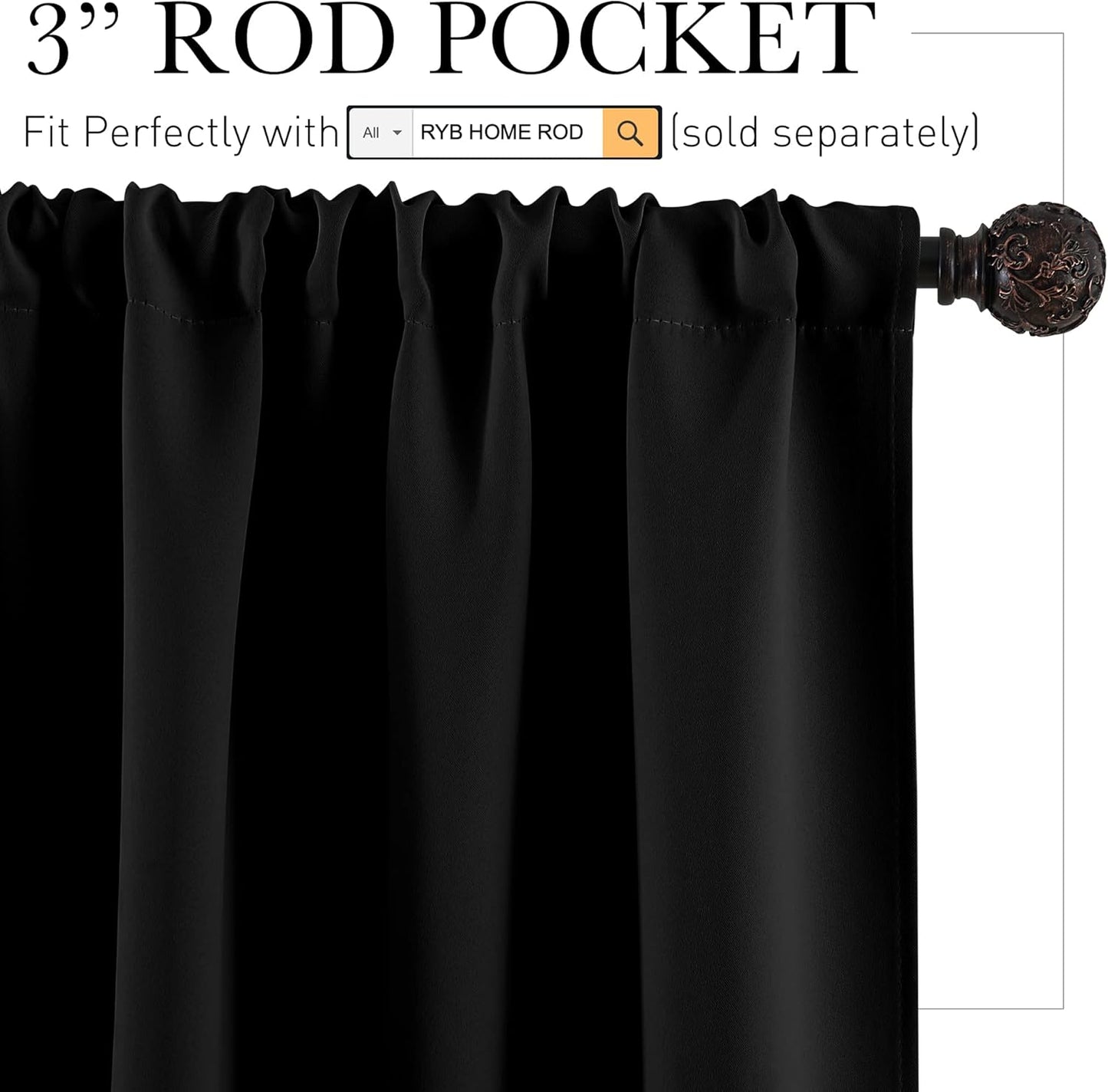 RYB HOME Black Short Curtains Blackout, 45 inch Durable Cafe Curtains Room Darkening Window Drapes Privacy Protection for Basement Closet Kithen, W29 x L45 inch, 2 Panels