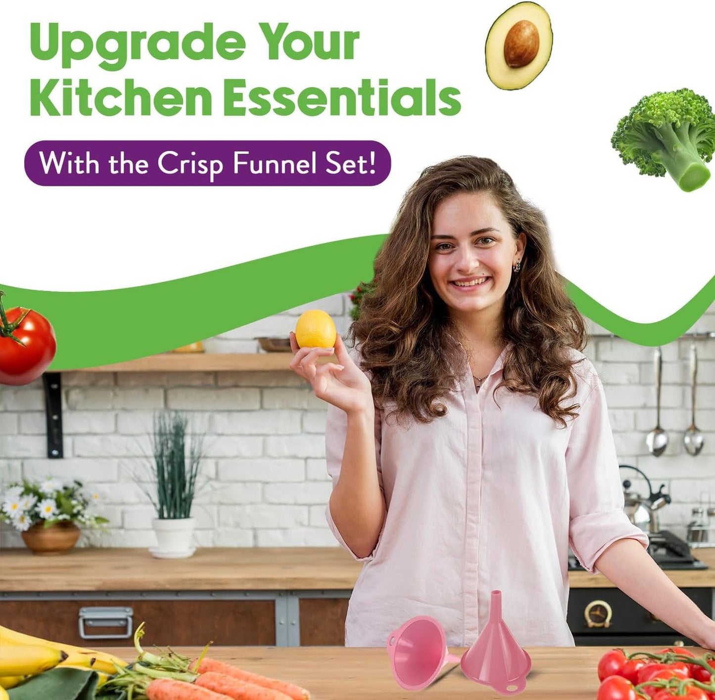 Crisp 2-Piece Funnel Set - All Purpose Funnels for Kitchen Use Filling Bottles - Durable & Dishwasher Safe Kitchen Funnel Set - Made in The USA - Pink