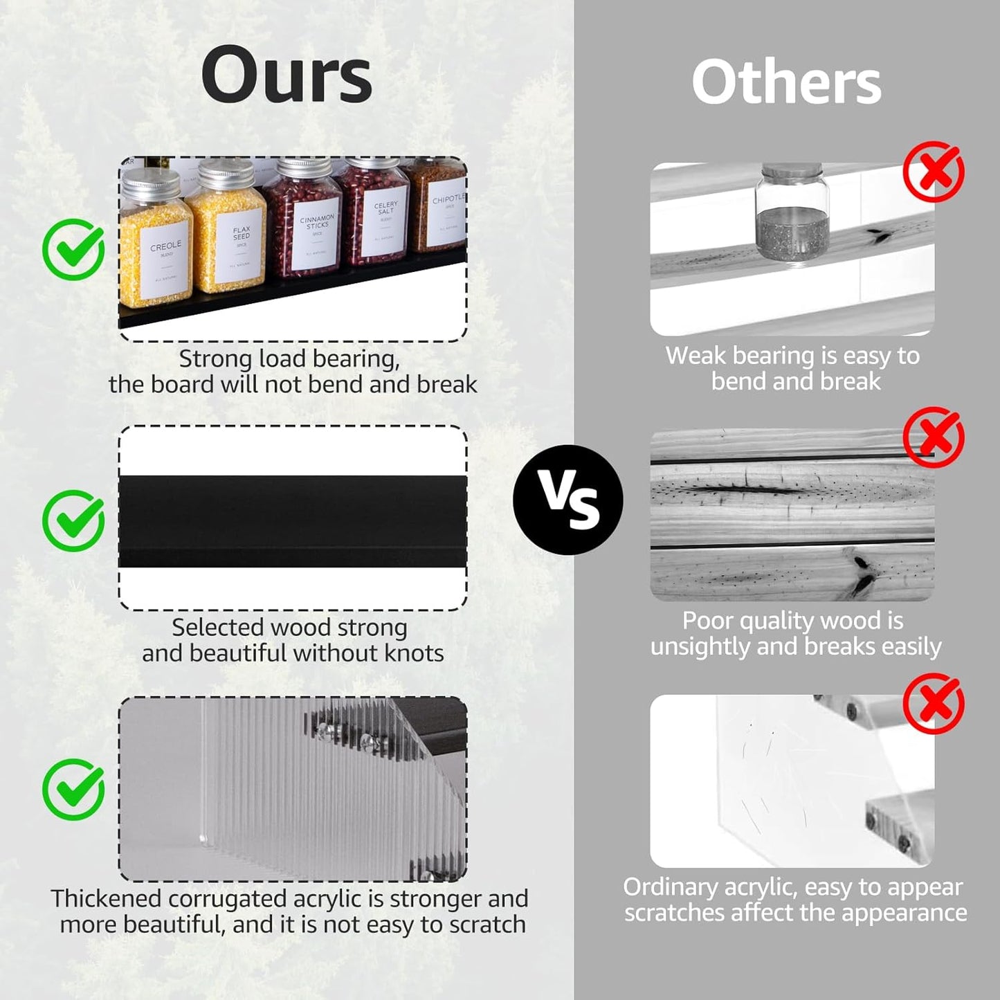 nianfeng Tiered Spice Rack, 3-Tier Spice Pantry Kitchen Cabinet Organizer, 12-Inch, Natural Wood Acrylic Stair Riser Stand, Countertop Seasoning Shelf (Black)