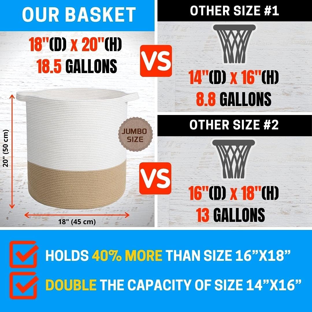 MINTWOOD Design 83L Extra Large 20x18in Decorative Woven Cotton Rope Blanket Basket with Handles, Tall Laundry Hamper for Living Room, Round Storage for Pillows, Towels, Shoes, Beige