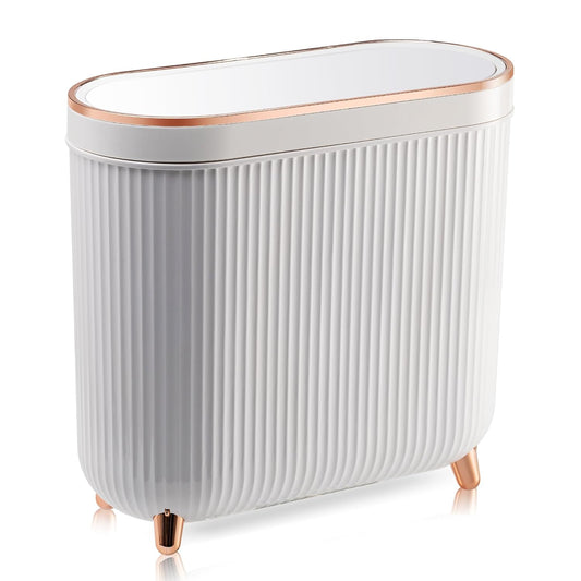 Bathroom Trash Can with Lid 3.2 Gallon Narrow Trash Can Small Plastic Trash Bin 12 Liter Rectangular Plastic Garbage Can with Press Type Lid for Bedroom Bathroom Milk White