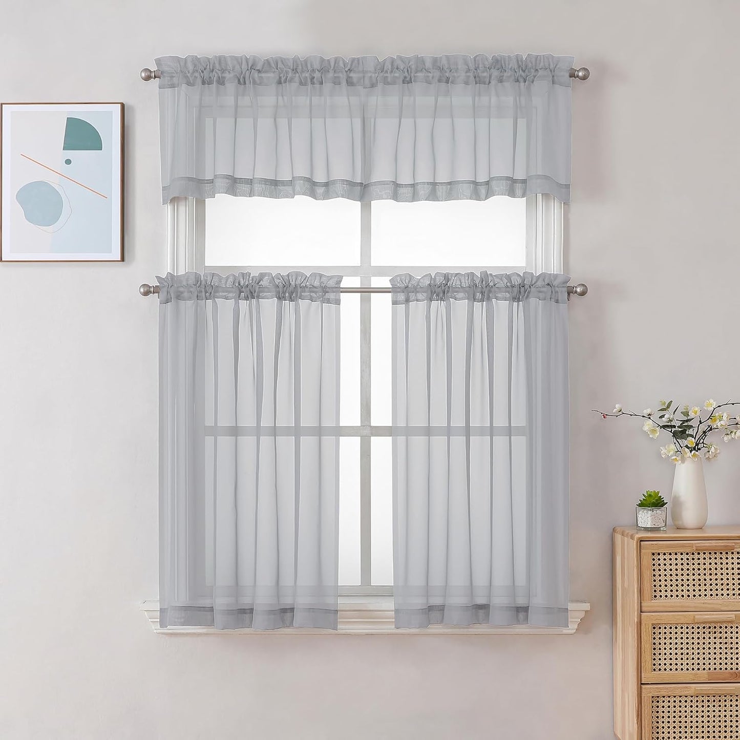 Chyhomenyc Sheer Light Grey Tier Curtains 24 Inch Length, Small Window Curtains Treatment for Bathroom Living Room Basement, Short Rod Pocket Cafe Curtain, 42W x 24L Inches, 2 Panels