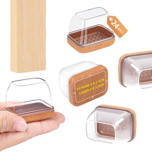 Ezprotekt 24 Pcs Rectangle Clear Felt Chair Leg Floor Protectors Caps for Hardwood Floors, Rectangle Silicone Felt Furniture Pads Cups for Chair Table Desk (Fit W :0.6-0.8", L: 0.9-1.3")