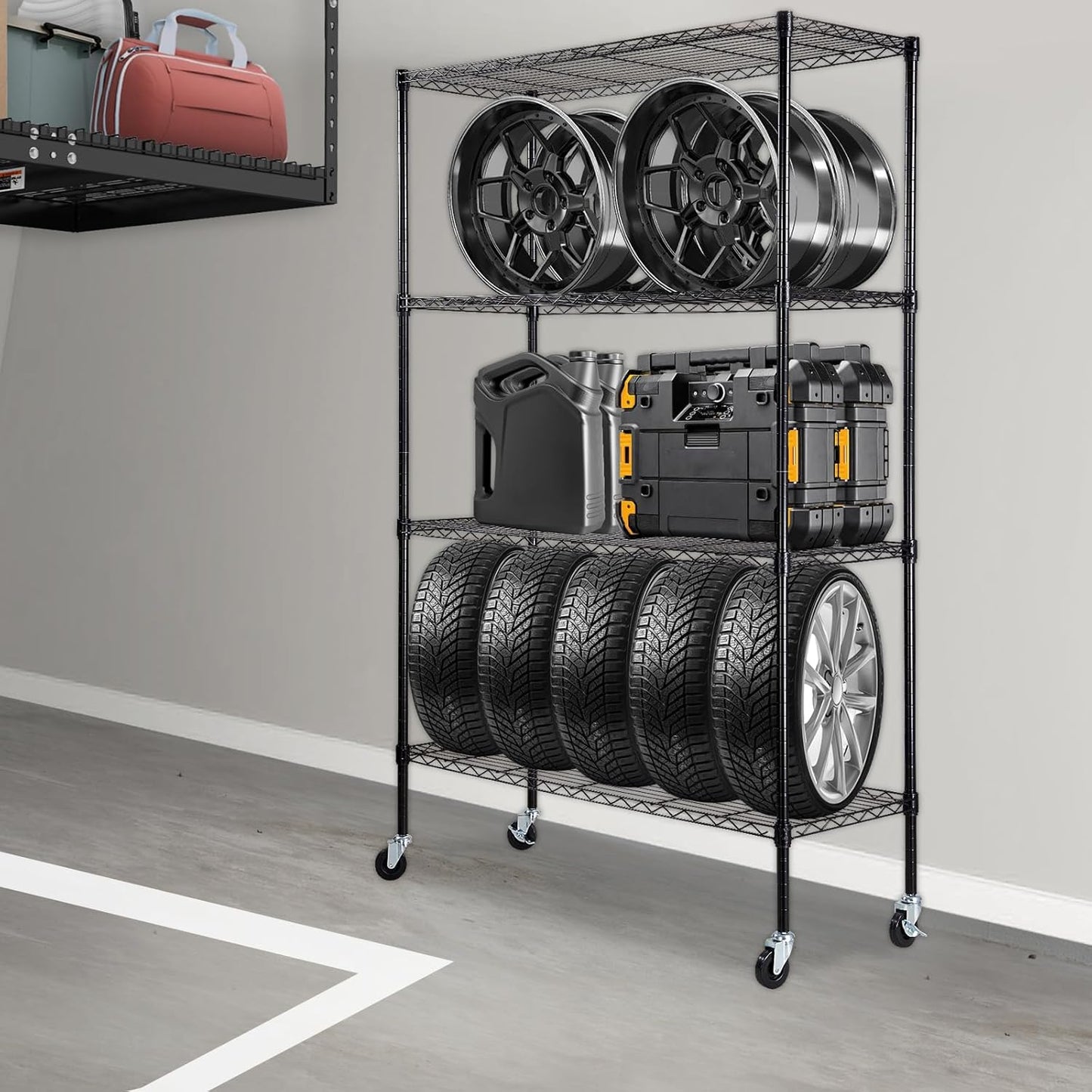 VEVOR Storage Shelving Unit, 4-Tier Adjustable Storage Shelves, 48" L x 18" W x 74" H Garage Storage Shelves, Metal Shelves with Wheels for Kitchen Pantry Basement Bathroom Laundry