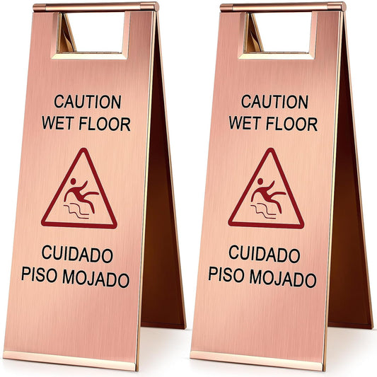 Kigley 2 Pcs Wet Floor Sign, 24 Inch Stainless Steel Caution Wet Floor Sign Double Sided Portable Foldable Bilingual Safety Warning for Hotel Market Restroom Restaurant Office (Rose Gold)