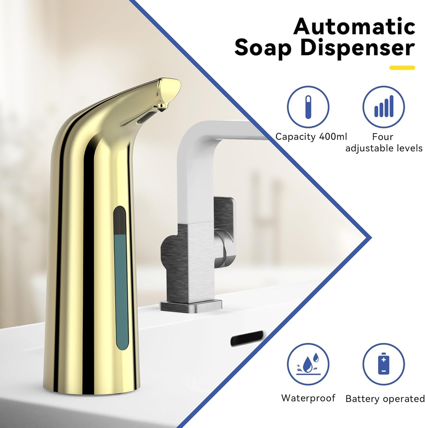 Automatic Soap Dispenser with Infrared Sensor - Adjustable 4-Level Touchless Hand Soap for Kitchen, Bathroom - Battery Operated Electric Dispenser, Durable Plastic, Smart Soap Holder