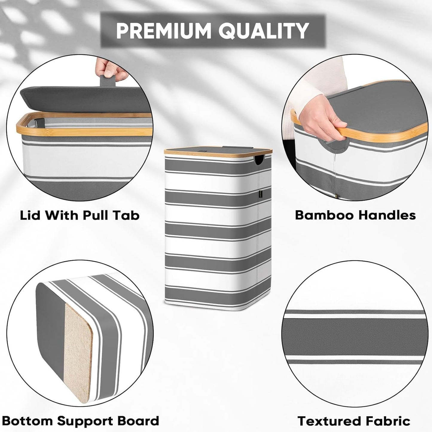 BALEINE Laundry Hamper with Lid, Tall Laundry Baskets with Bamboo Pull Handles, Large Laundry Bin with Internal Support (18 Gal/70L, Grey Stripe)