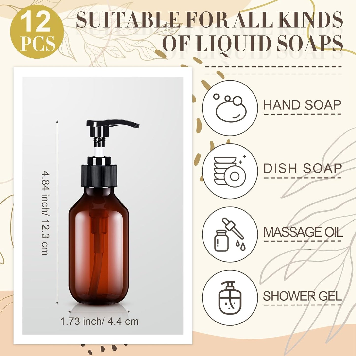 Tessco for you 12 Pack Amber Soap Dispenser Empty Plastic Pump Bottles Dispenser Refillable Shampoo Container for Hand Sanitizer Soap Lotion Body Wash Conditioner Bathroom Kitchen Travel(3.4 Oz)