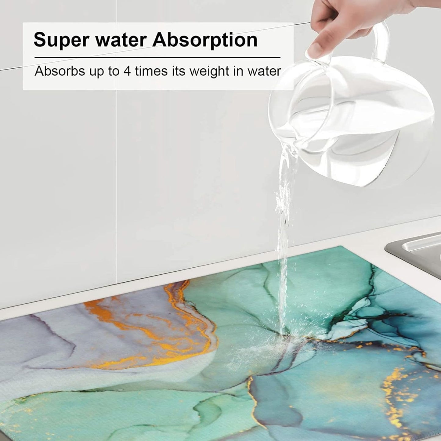 Teal Marble Golden Swirls Pattern Dish Drying Mats For Kitchen Counter Microfiber Absorbent dish Mat Xl Reversible Drying Mats For Countertop 18 Inch X 24 Inch