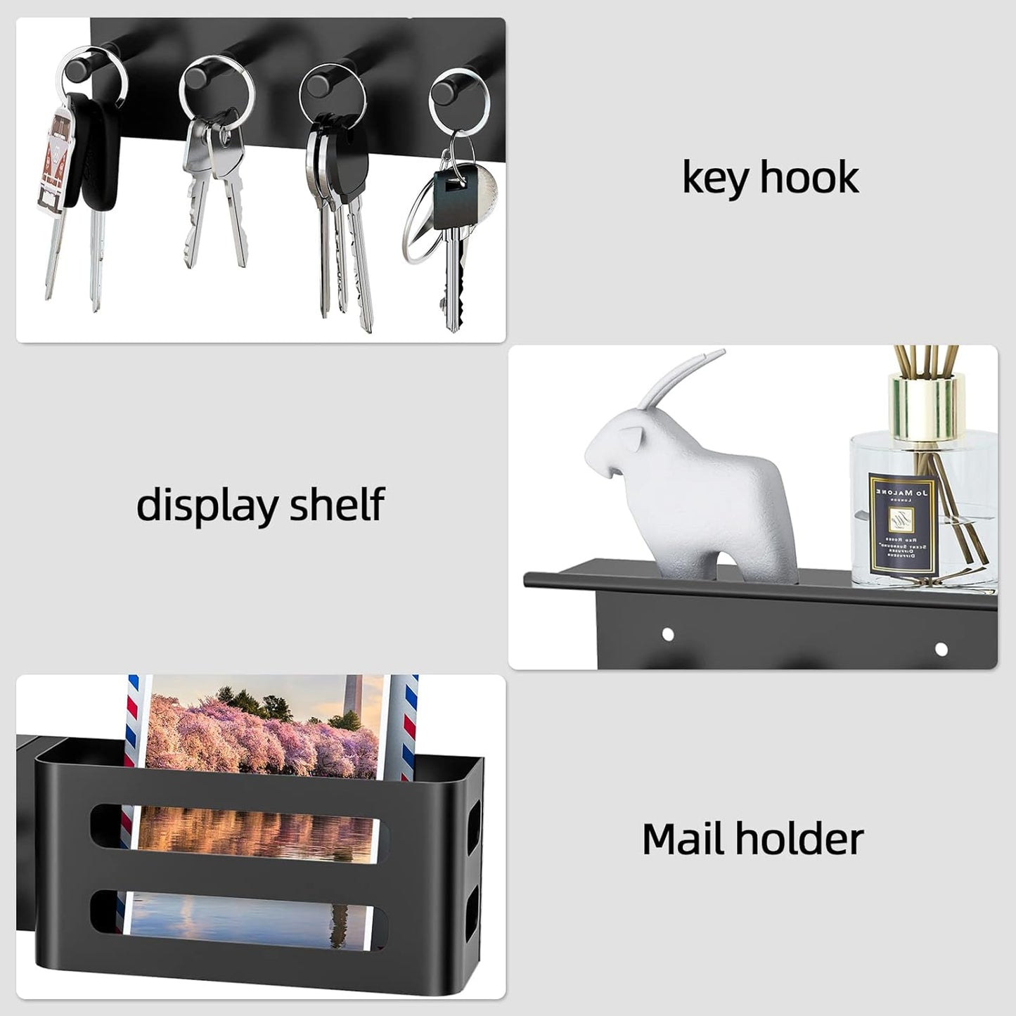 MKO Key Holder for Wall, Mail Organizer Key Rack with Tray, Key Holder Adhesive Wall Mount, 4 Hooks(Black)
