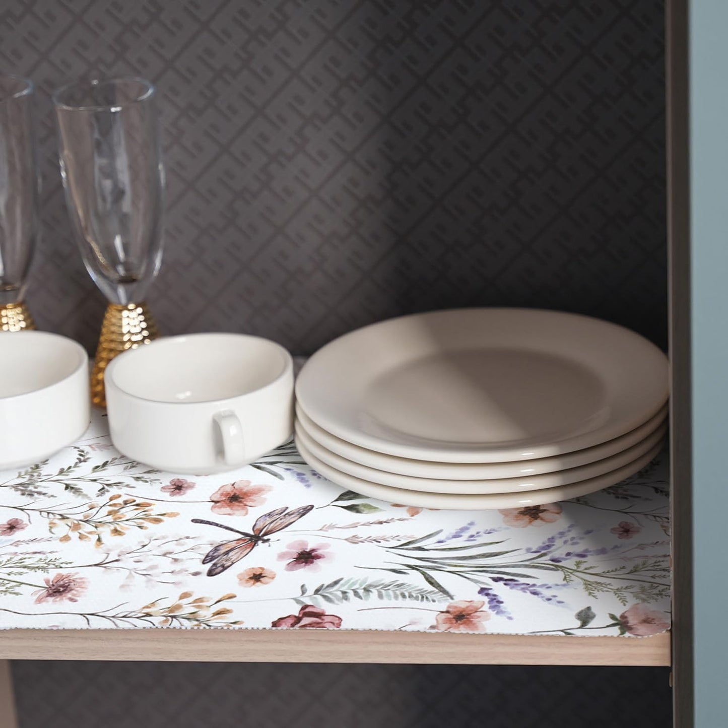 Shelf and Drawer Liner for Kitchen Cabinets, Non-Adhesive and Strong Non-Slip Floral Shelf Cabinet Drawer Liners for Kitchen, Waterproof Cupboard Liners,Easy to Clean,12IN x 10FT