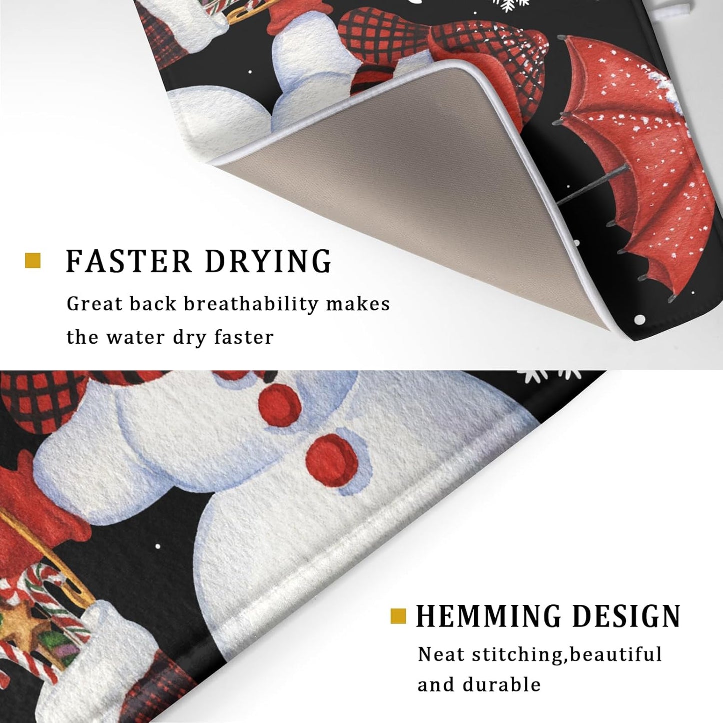 Black Snowman Dish Drying Mats for Kitchen Counter, Winter Snowflake Dish Mat Absorbent Reversible Microfiber Dish Drying Pad Christmas Kitchen Drying Mat Dish Drainer Rack Mats for Bar 18”x24”