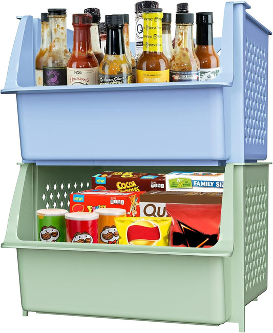 Skywin Plastic Stackable Storage Bins for Pantry - 2 Pack Stackable Bins For Organizing Food, Kitchen, and Bathroom Essentials (Multi)
