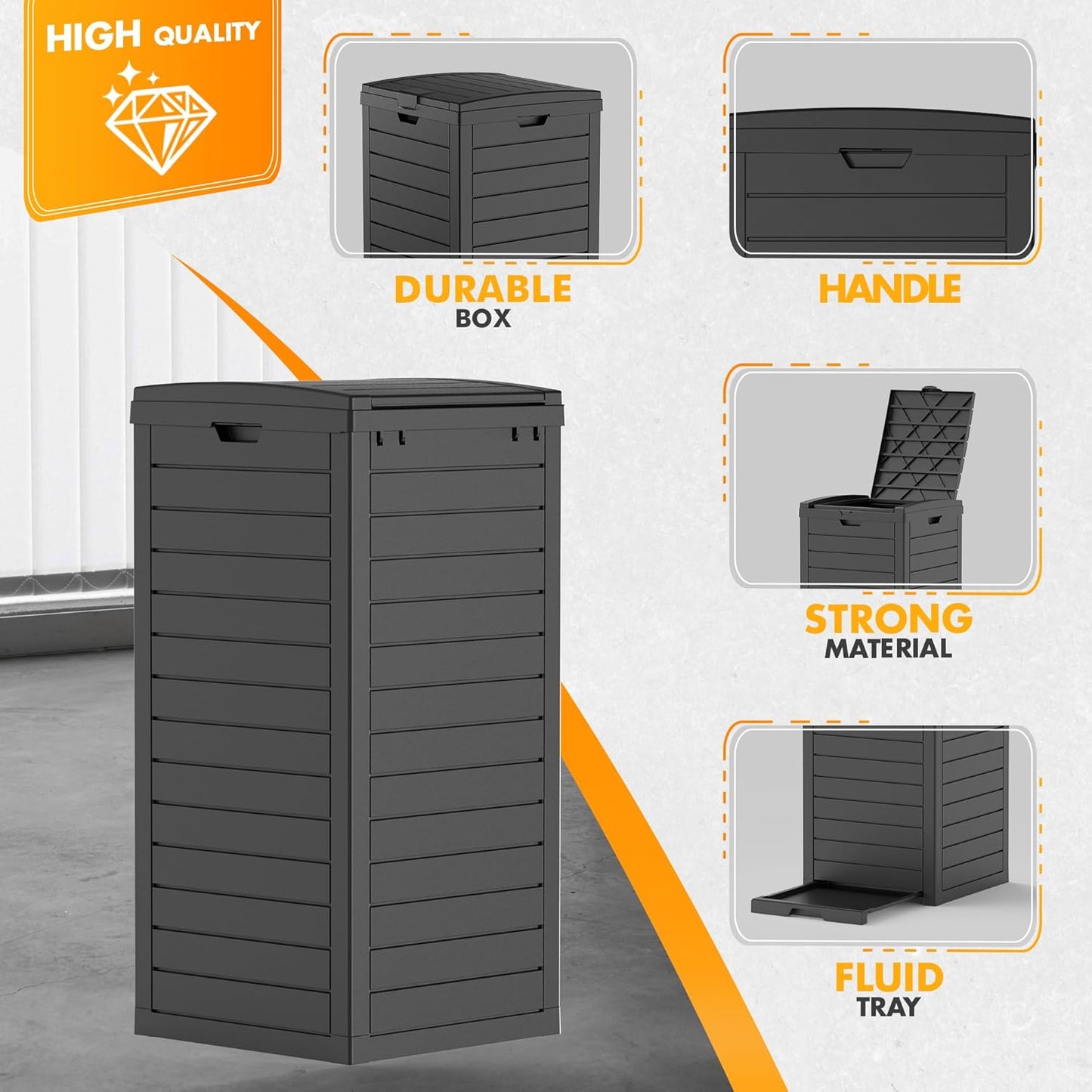 31 Gallon Outdoor Trash Can, Waterproof Resin Trash Can with Layered Lid and Drip Tray, Perfect for Patio, Backyard (Black)