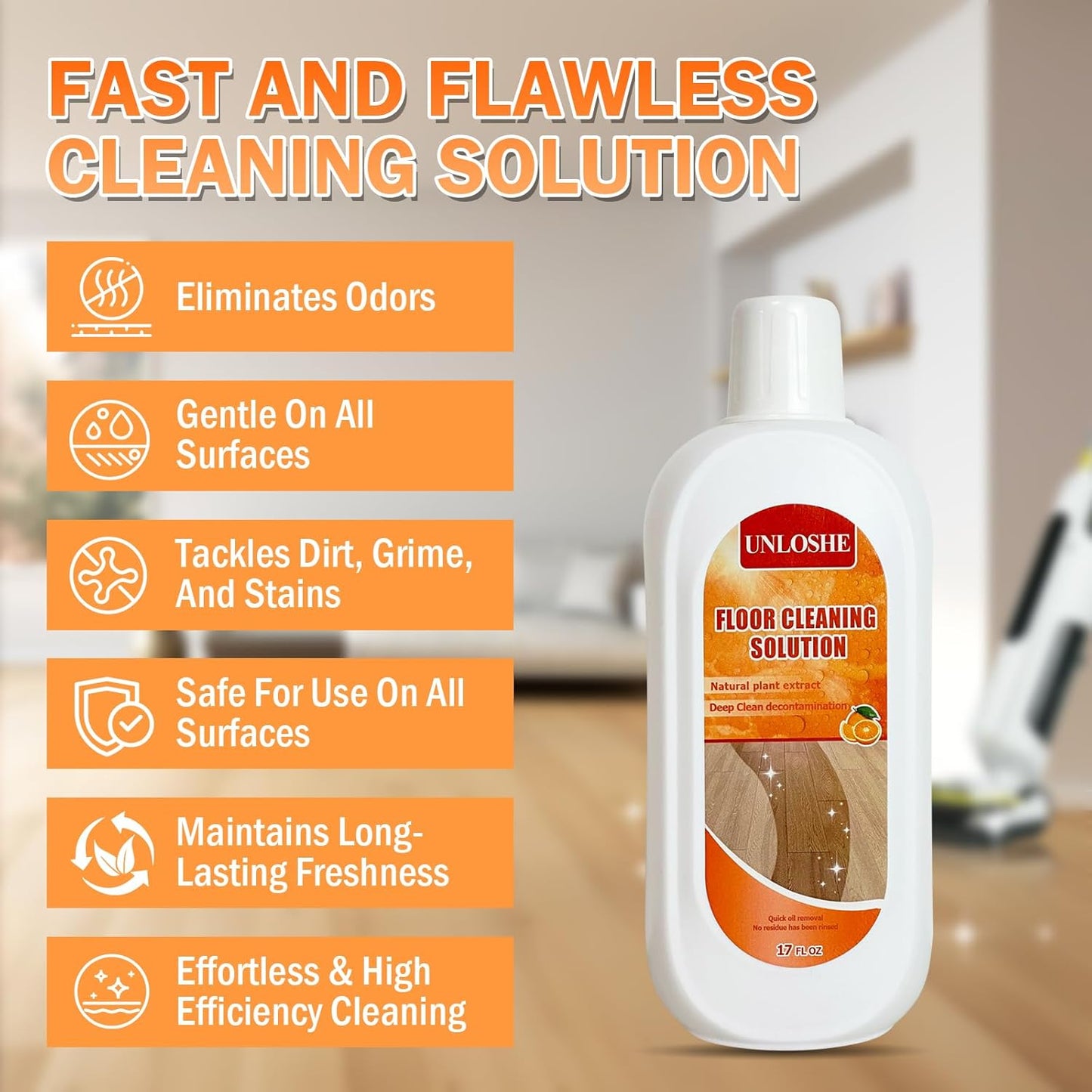 Floor Cleaning Solution for Multiple Hard Floors - 34 fl oz Floor Cleaner, For All Robot Vacuums with Mopping and Cordless Wet/Dry Vacuum Mops, Deep Clean for Tile, Wooden Floor, Laminate (Orange)