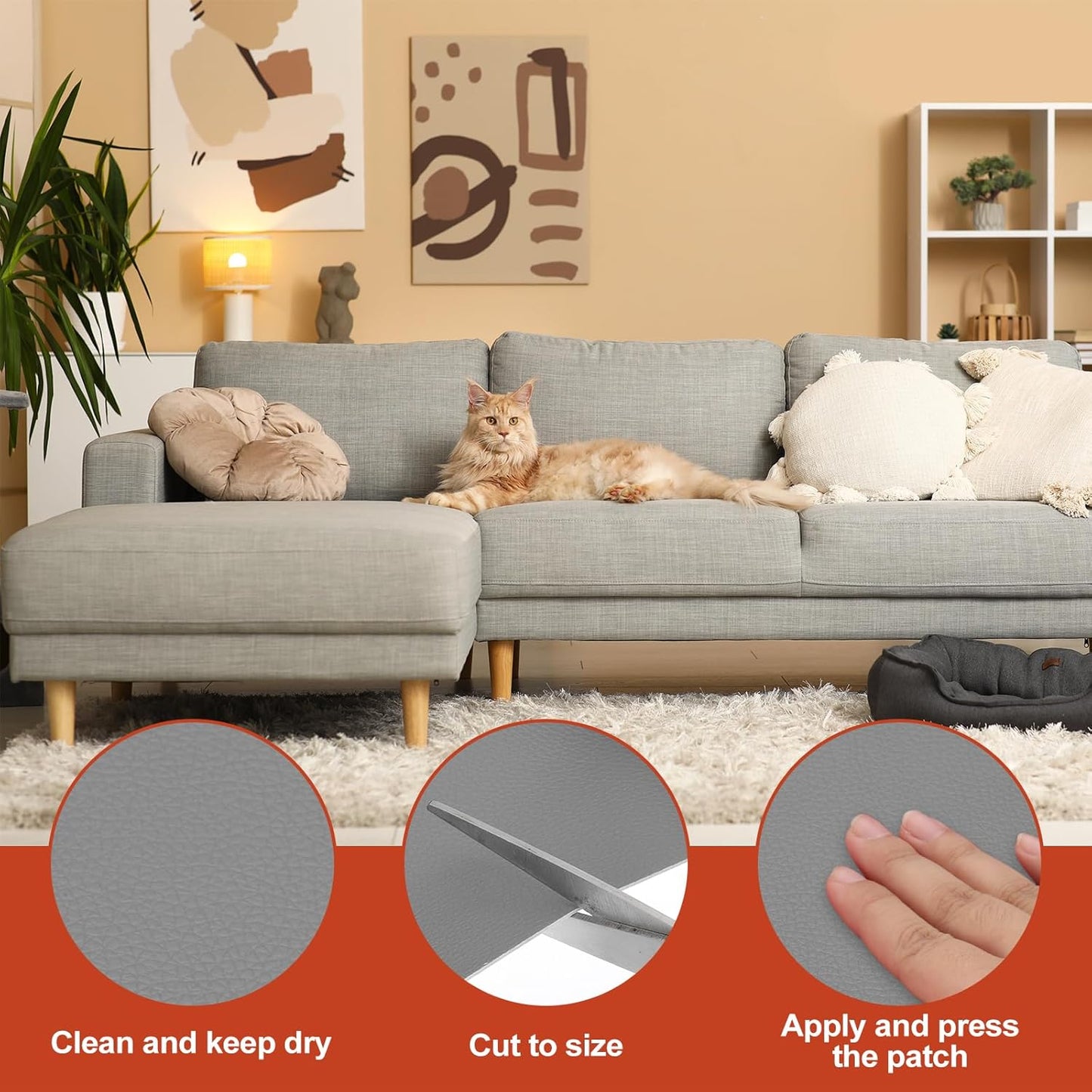 PATIKIL Leather Patches Tape for Furniture, 6.3 x 61 Inch Self Adhesive Vinyl Leather Repair Kit Cover Sheet for Couch, Sofa, Car Seats, Office Chair, Light Gray