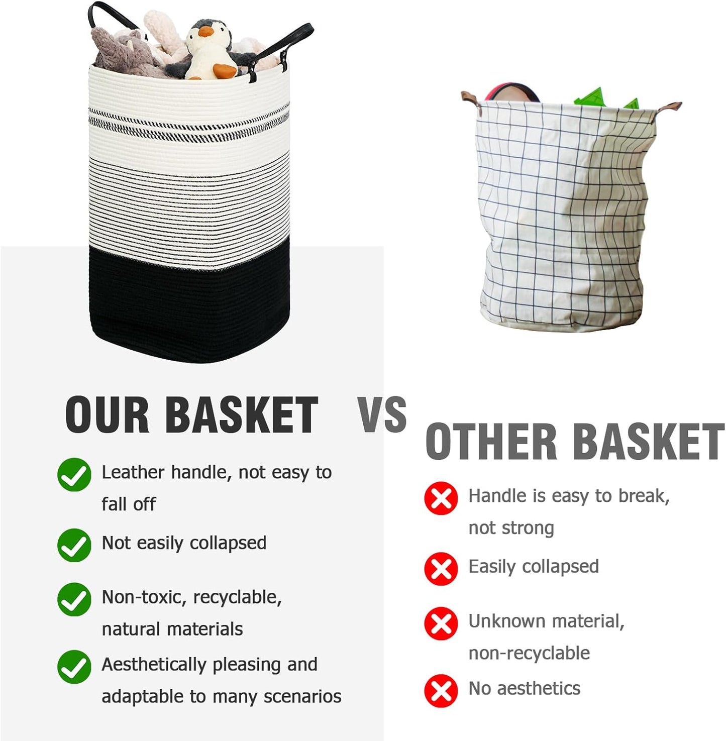 danpinera 100L Nursery Hamper, Tall Woven Laundry Basket with Long Leather Handles, Boho Laundry Hamper for Living Room & Bedroom, Eco-friendly & Convenient Decorative Storage Basket, White & Black