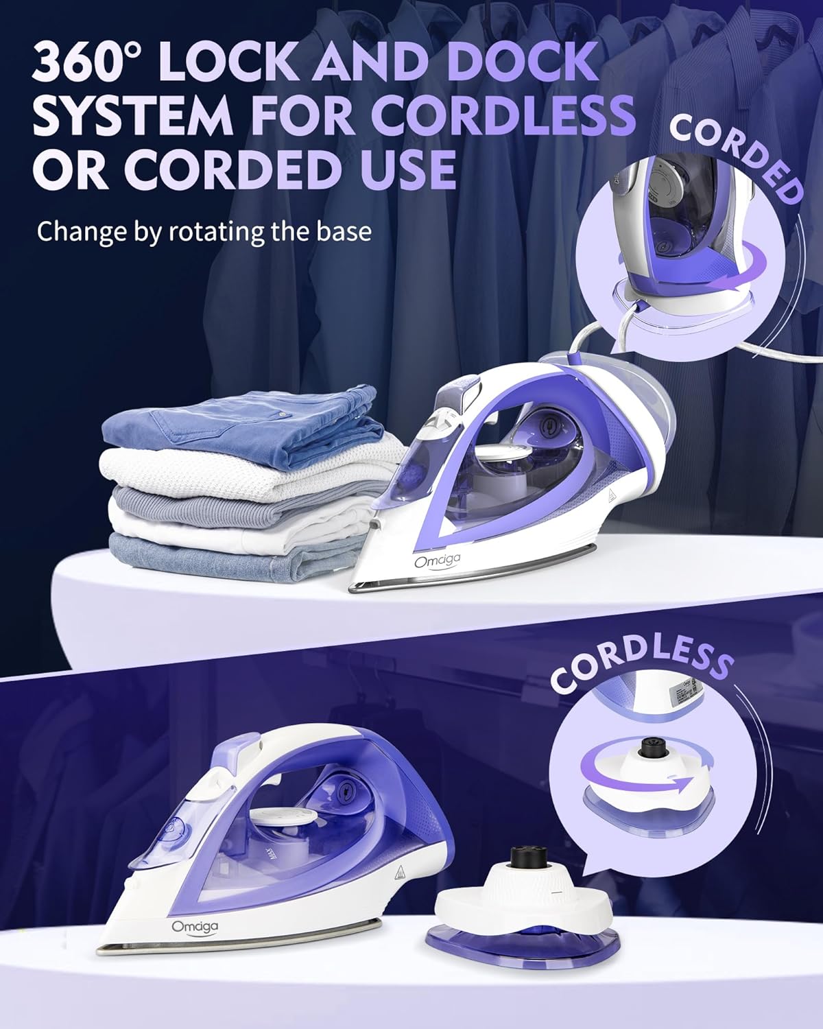 Cordless Iron for Clothes, 1550W 2-In-1 Cordless/Corded Steam Iron Rapid Heating, Ceramic Soleplate, 3-Way Auto-Off, Self-Cleaning, 12.85oz Water Tank Ironing Clothes for Home, Purple