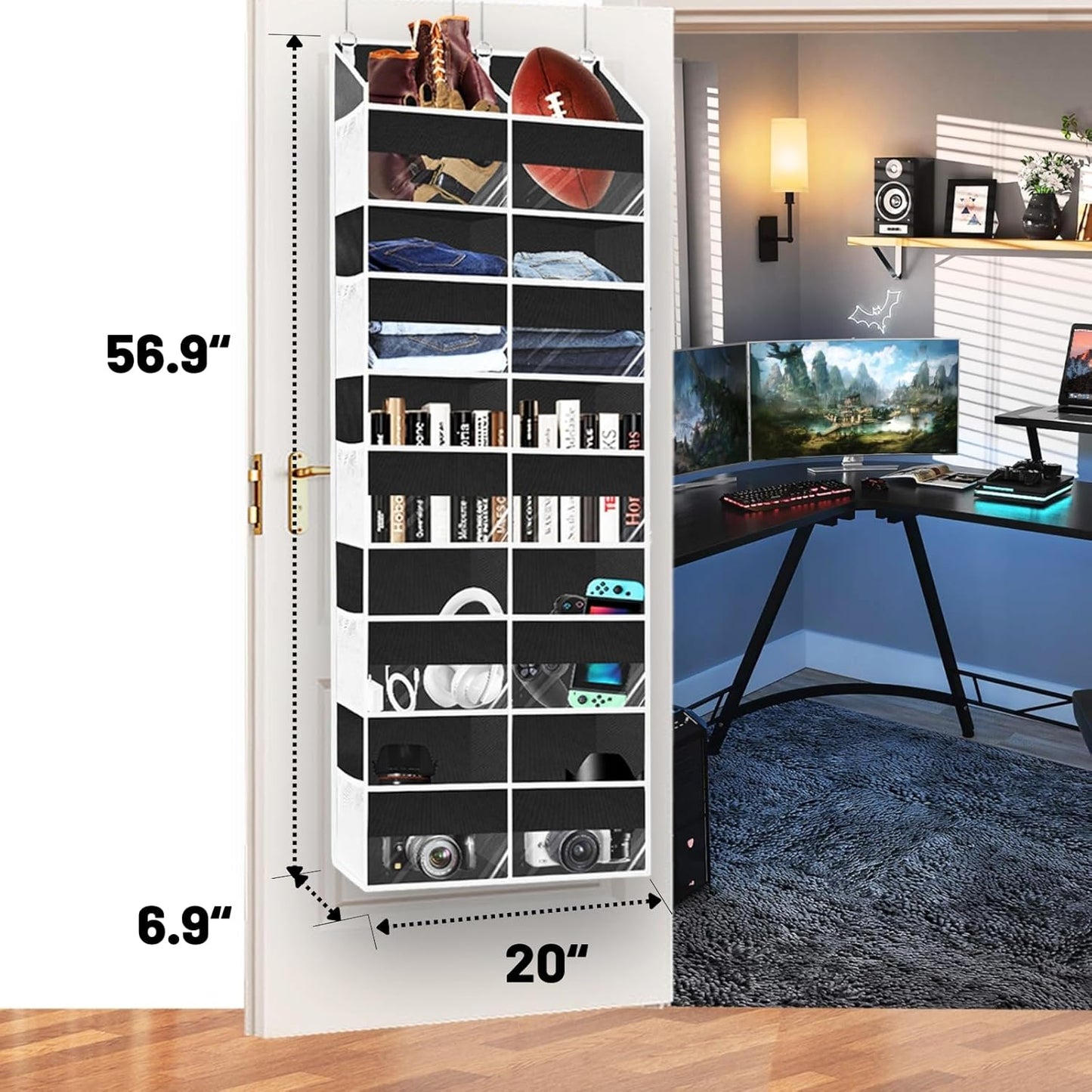 Over the Door Organizer 5 Tiers, Extra Large Behind Door Storage of 10 Compartments, 80 lbs Weight Capacity Hanging Storage Organizer with Clear Window Kids Toys, Shoes, Diapers, Room storage