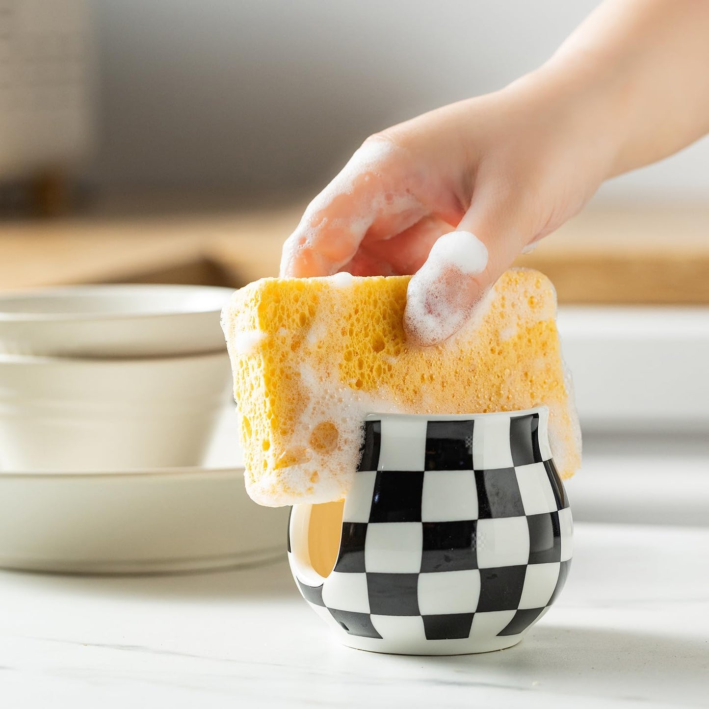 Checkered Sponge Holder for Kitchen Sink, Ceramic Dish Sponge Dish Rack Scrubby Holder Kitchen Organizer Cute Sink Caddy Organizer, Farmhouse Decor, Black and White