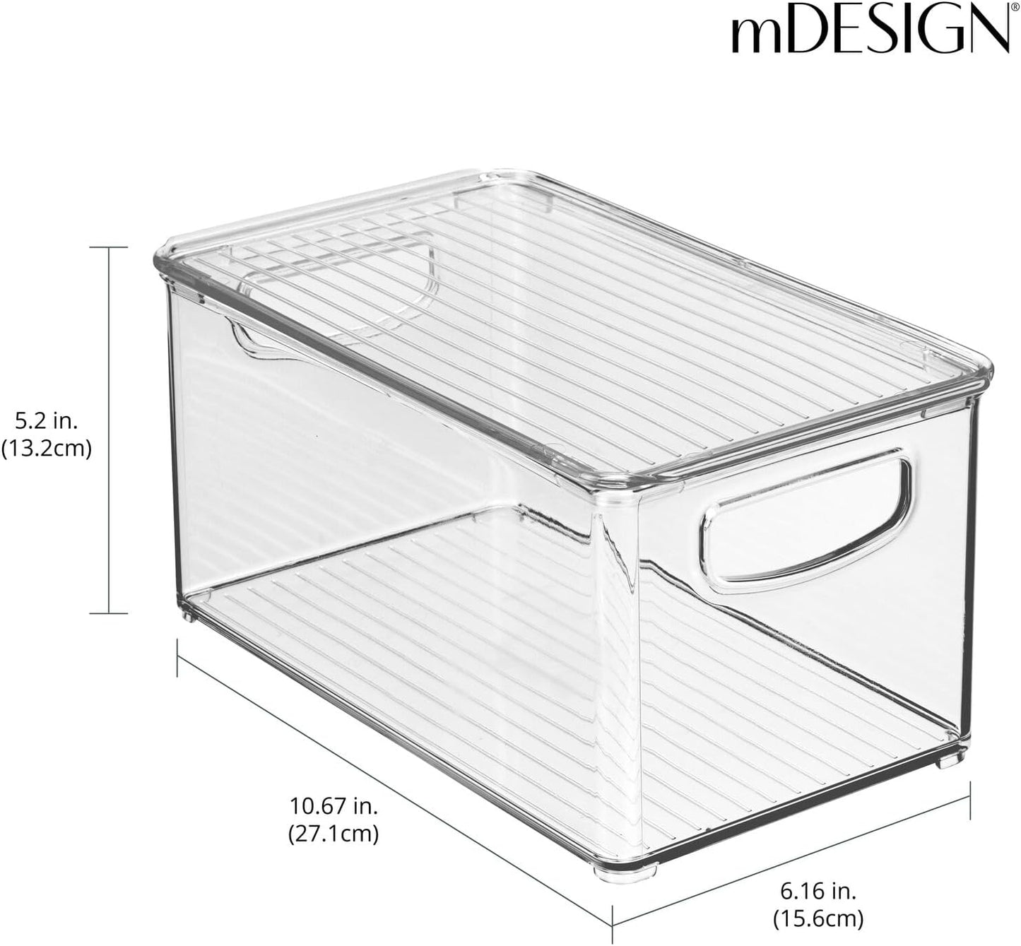 mDesign Plastic Deep Storage Bin Box Container with Lid and Built-In Handles - Organization for Fruit, Snacks, or Food in Kitchen Pantry, Cabinet, or Cupboard, Ligne Collection, 8 Pack, Clear