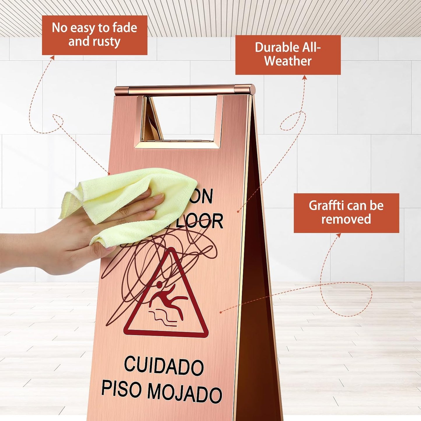 Kigley 2 Pcs Wet Floor Sign, 24 Inch Stainless Steel Caution Wet Floor Sign Double Sided Portable Foldable Bilingual Safety Warning for Hotel Market Restroom Restaurant Office (Rose Gold)