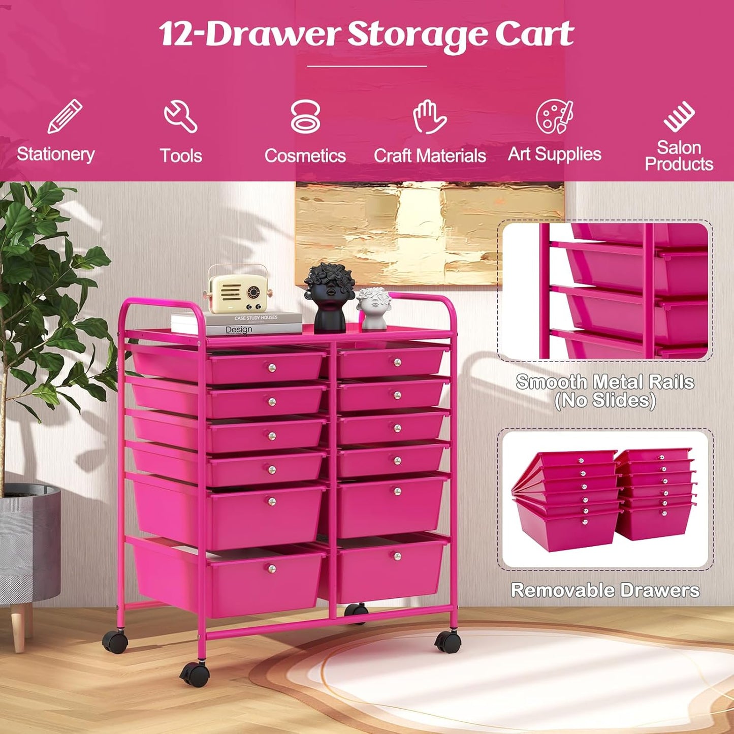 GOFLAME 12-Drawer Rolling Storage Cart, Multipurpose Organizer Cart with 2 Sizes Plastic Drawers, Mobile Utility Cart with Lockable Casters for School, Home Office, Beauty Salon, Hot Pink