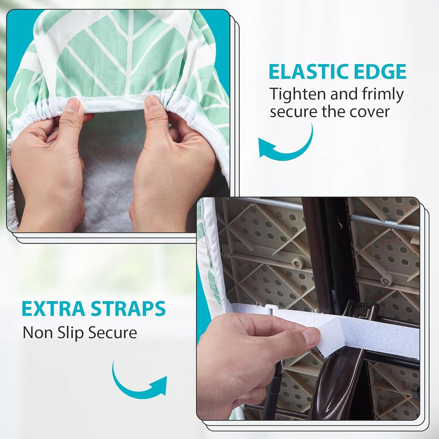 Wide Ironing Board Cover and Pad 18 x 49 inch Heat Reflective with Hook and Loop Fasteners, Thick Padding with Elasticized Edges, 3 Layers Iron Board Cover (Green Leaf)