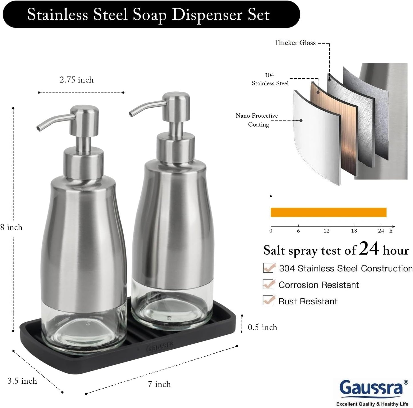 Gaussra Kitchen Soap Dispenser Set with Silicone Tray and Stickers - Brushed Nickel, Stainless Steel Glass Soap Dispenser Bathroom, Refillable Hand Dish Soap Dispenser for Kitchen Sink