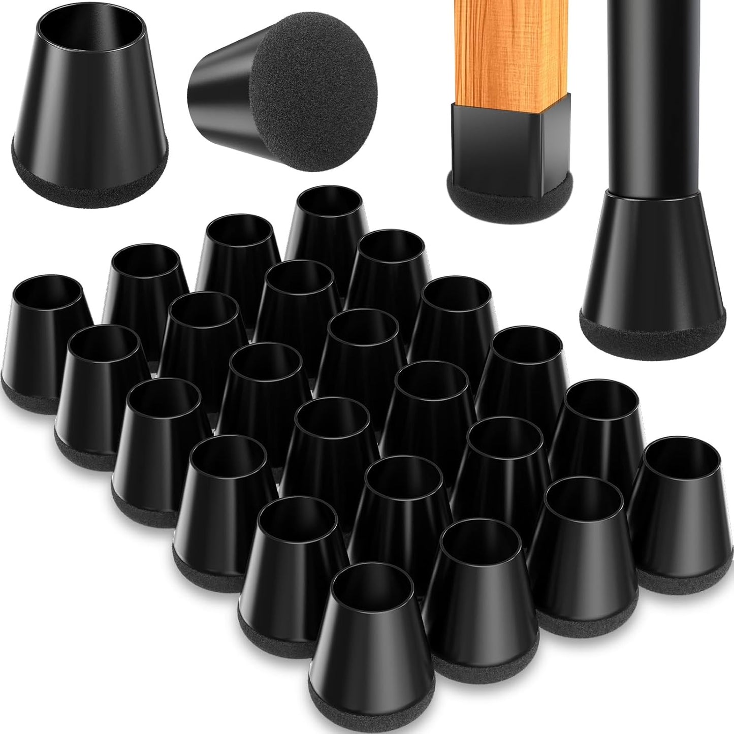 Chair Leg Floor Protectors Extra Small 24 Pcs,Silicone Chair Leg Protectors for Hardwood Floors/Tiles,360°Wrapped Felt Bottom to Prevent Scratch and Reduce Noise, Round Black