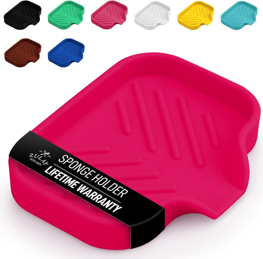 Zulay Small Silicone Sponge Holder (4.9x3.3”) – Space-Saving Sink Organizer Tray for Sponge, Soap, Brush & More – Compact Non-Slip Dish for Kitchen & Bathroom (Dragon Fruit)