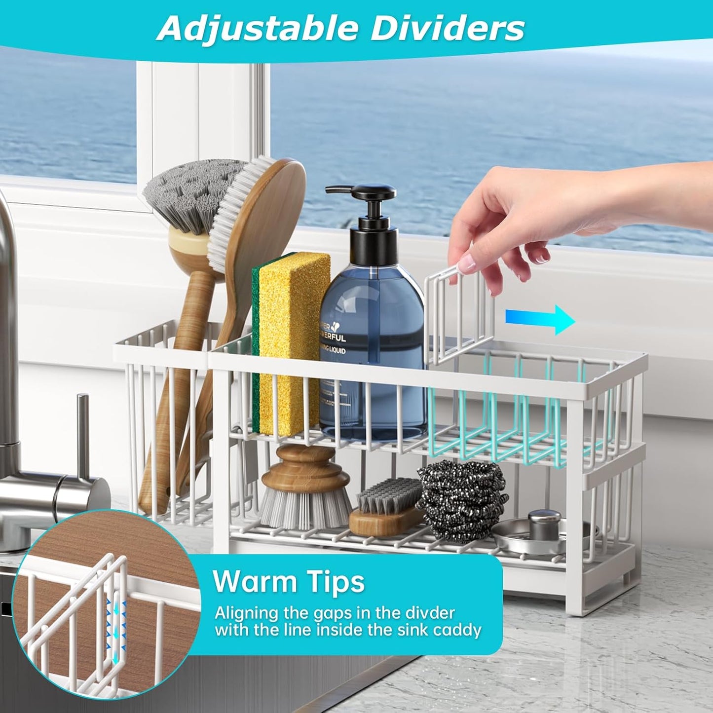 Sponge Holder for Kitchen Sink, 2 Tier Sink Caddy Organizer Countertop with Dish Brush Holder and 360° Drain Tray, Rustproof Stainless Steel Dish Soap Storage Rack Set for Accessories White