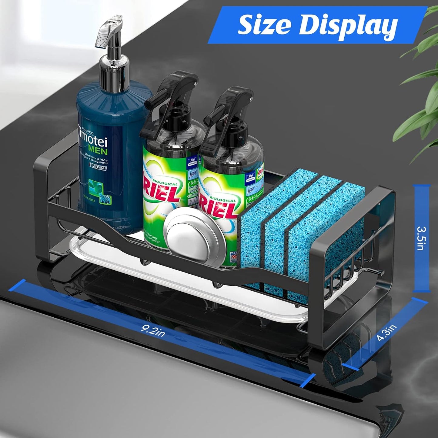 Sink Caddy Sponge Holder,Sponge Holder for Kitchen Sink,Kitchen Sink Organizer for Soap Brush Dispenser,Countertop Sink Caddy Organizer with Removable Drain Tray