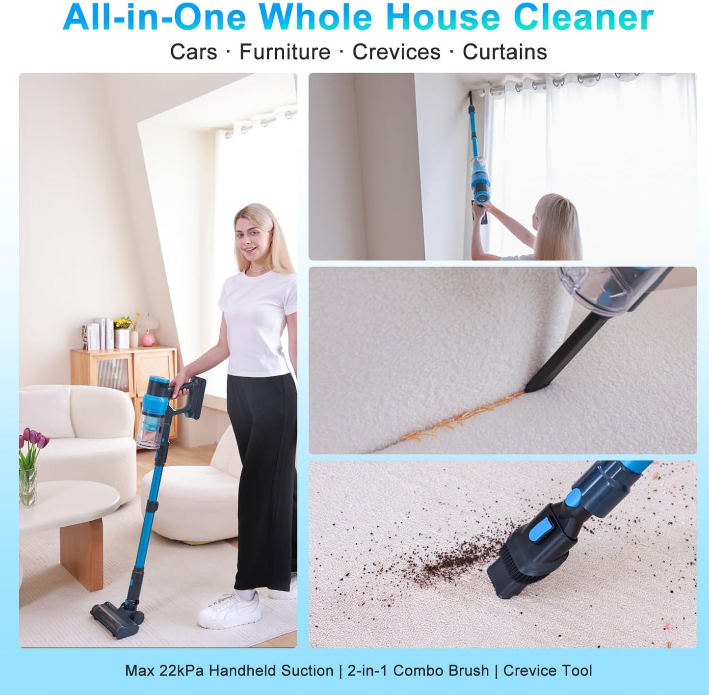 Cordless Vacuum Cleaner, 400W/45kPa/55Mins-8-in-1 Stick Vacuum Cleaners for Home Rechargeable for Pet Hair/Rugs/Hardwood | 1.2L Dustbin, Anti-Tangle | Self-Standing, Ideal for Car, Apartment