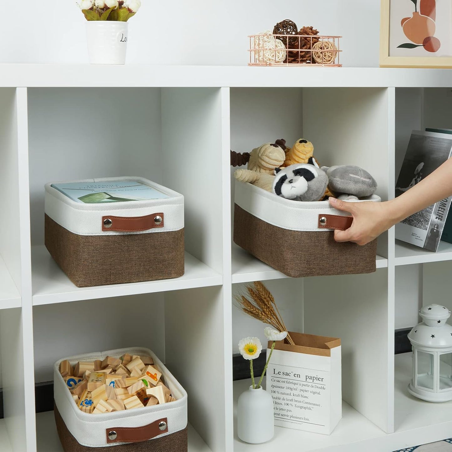 HNZIGE Small Fabric Storage Bins (6 Pack) - Foldable Decorative Baskets with Handles, Empty Gift Baskets for Storage (Brown & White, 11.8" x 7.8" x 5.1")