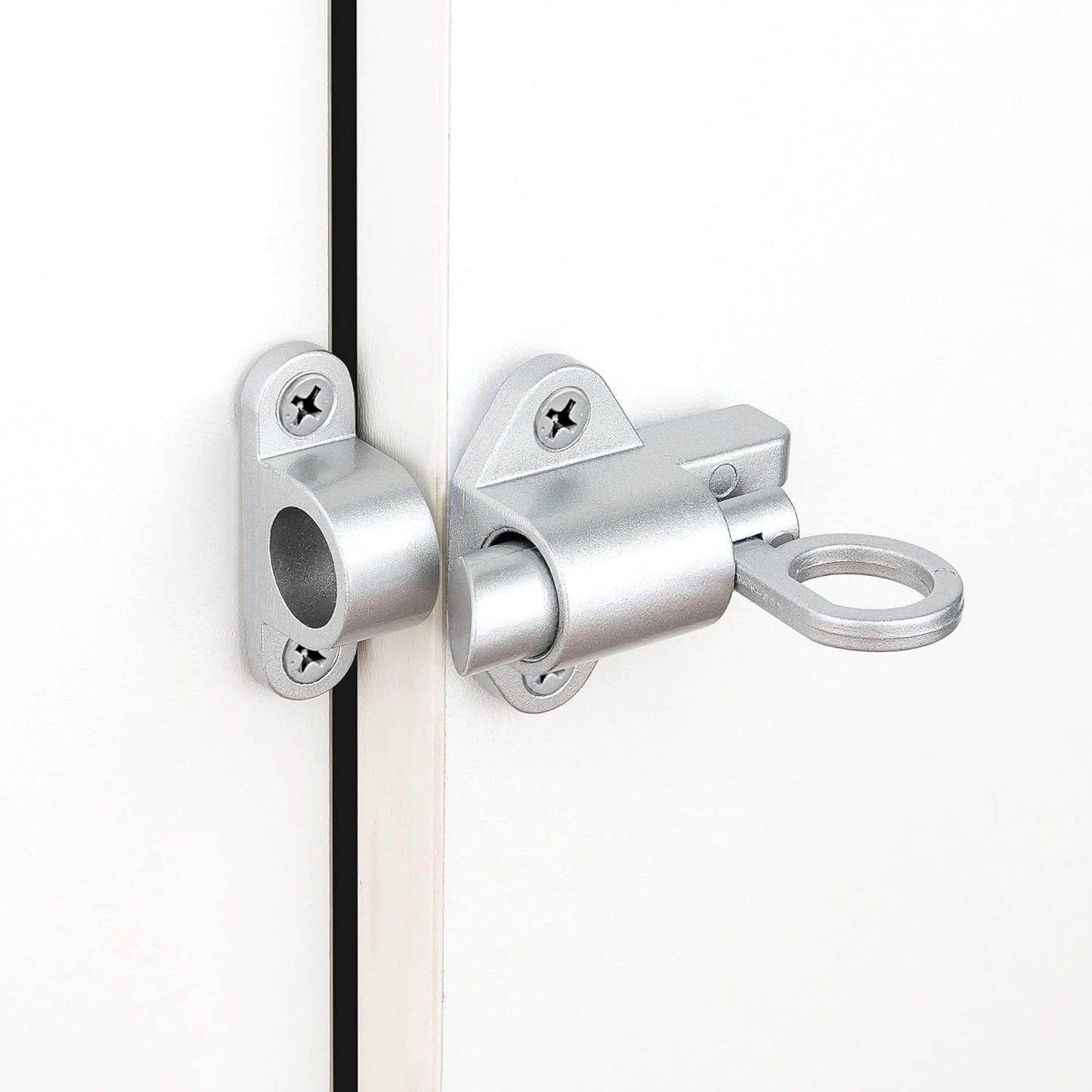 4 Packs Self-Closing Latches，Silver Gray Spring Door Lock，Resilient Bolt Latch Aluminum Alloy Safety Automatic Spring Barrel Slide Door Lock with Screws,Used for Gate,Window and Cabinet etc