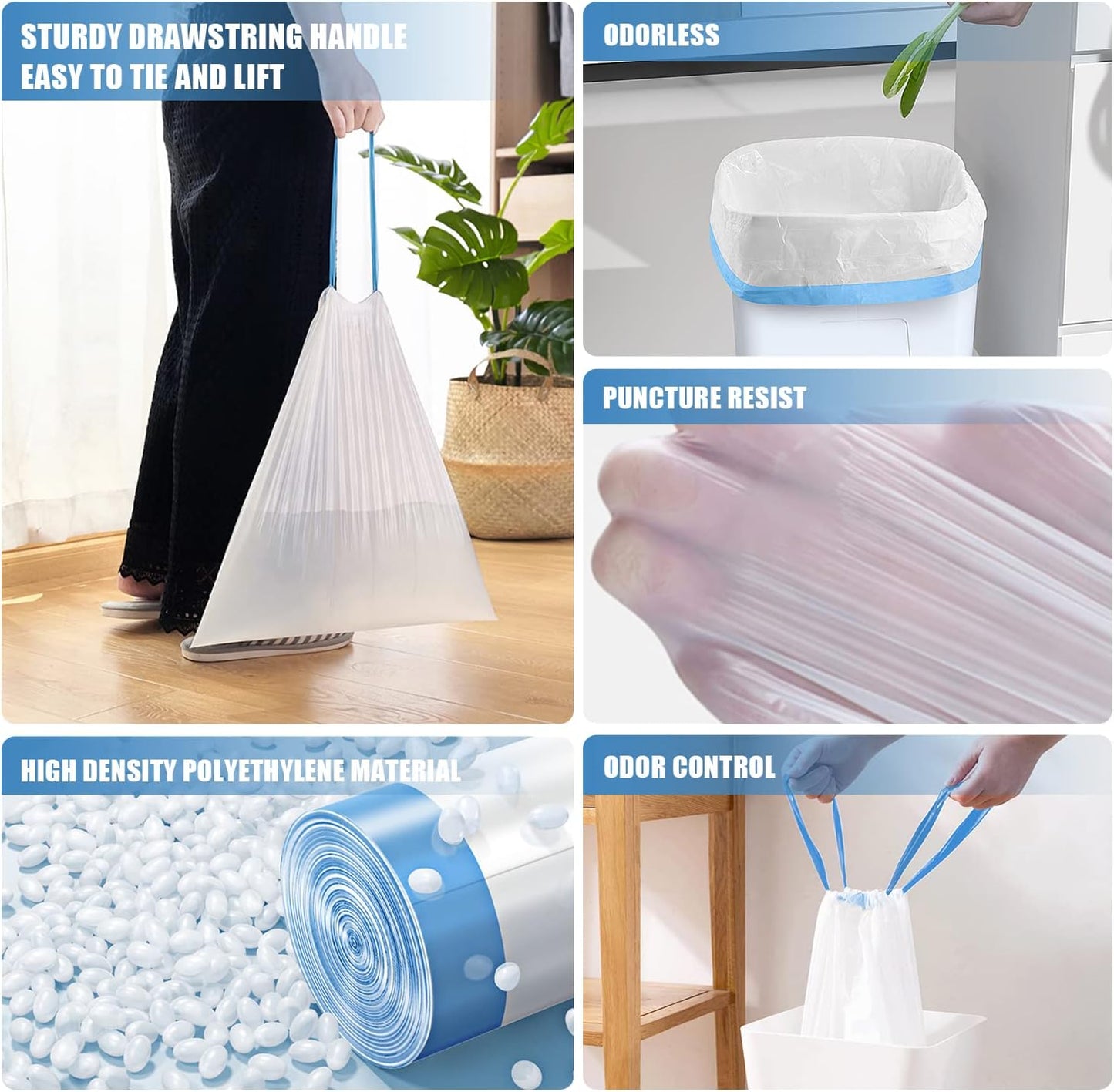 FORID Small Drawstring Trash Bags - 4 Gallon Plastic Garbage Bags White Unscented Can Liners 60 Count Strong Wastebasket Bags for Bathroom Office Home Kitchen Bedroom Travel 15 Liter - Durable & Thick