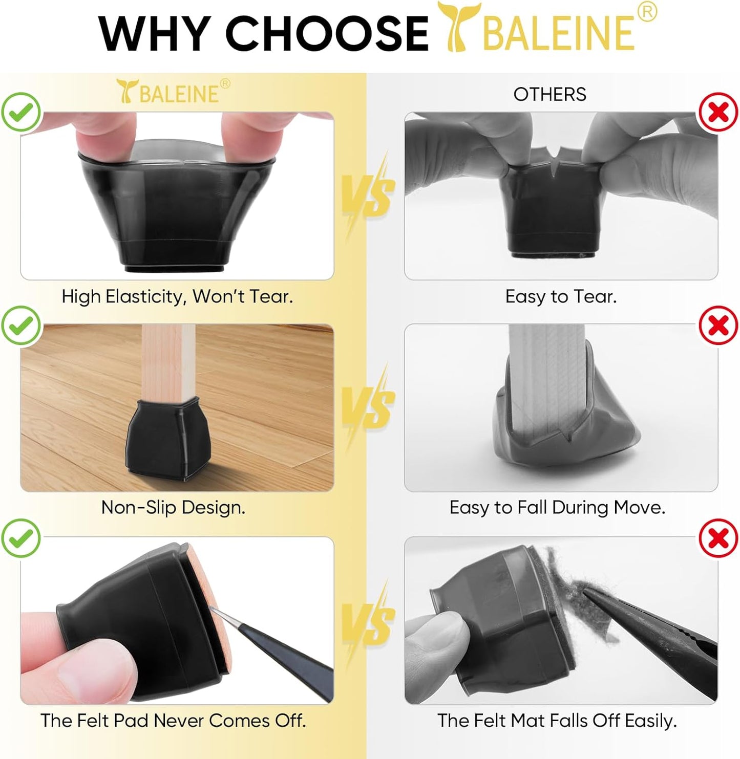 BALEINE 32 Pack Silicone Chair Leg Floor Protectors, Stool Leg Protectors Cap, Non-Slip Chair Leg Caps for Hardwood Floors (Black & Small (Square), 32 Pack)