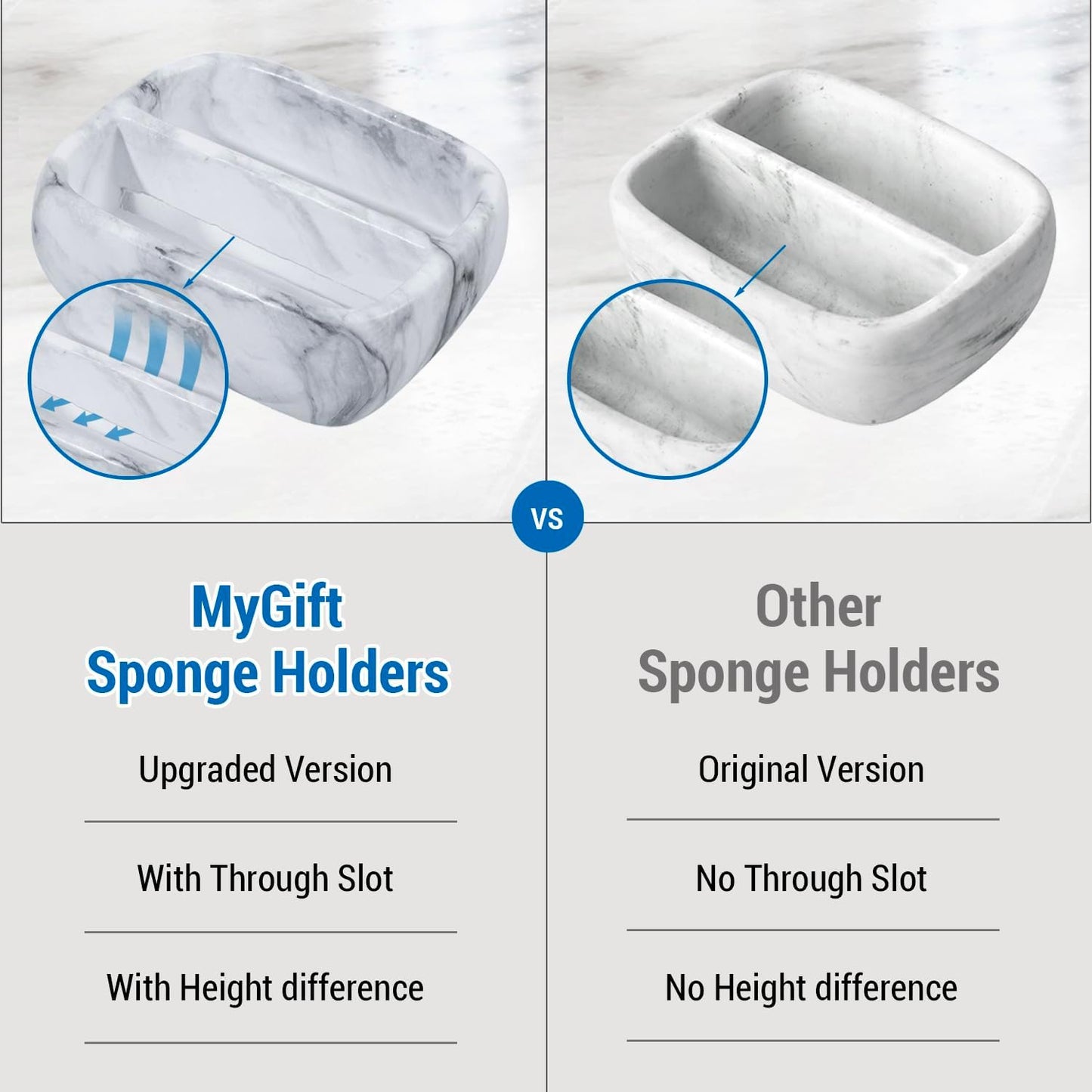 MyGift 5.4 Inch Deluxe Modern White Marble Pattern Resin Double Sponge Holder, Kitchen Sink Countertop Dish Cleaning Sponges or Scrubbing Pads Bowl with 2 Compartments