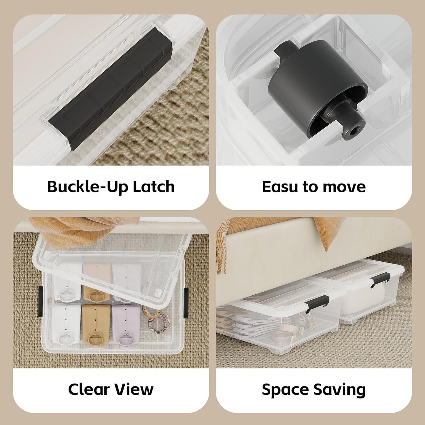 25 Quart Clear Plastic Latch Storage Box with Wheels, Under Bed Storage Box, 3 Pack